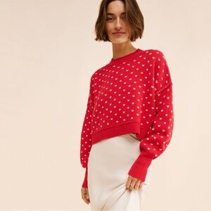 Free People Easy Street Red Heart Pattern Crop Sweater
